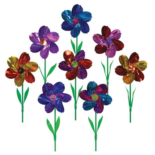 In the Breeze Mylar Rainbow Flower Pinwheel with Leaves - Assorted 2 Tone Color Spinners - 8 Piece Bags